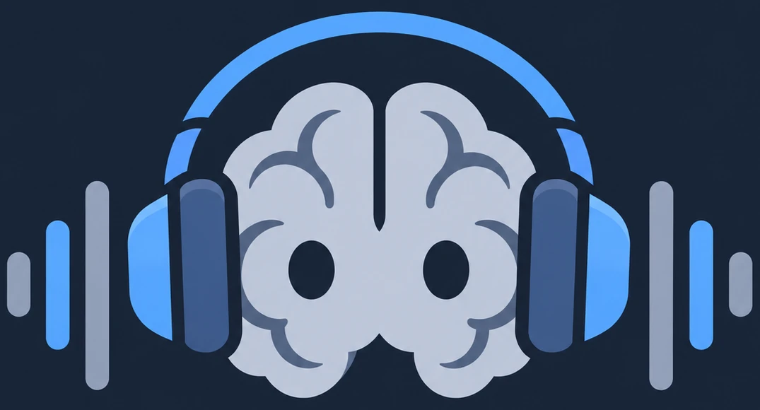 A brain wearing headphones, between sound-wave bars